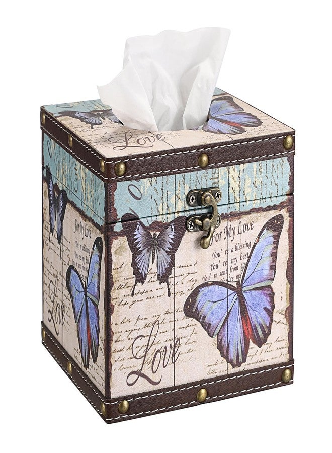 Hoowen Vintage Tissue Box Cover, Wood Square Tissue Box Holder, Decorative Butterflies Design Faux Leather Tissue Holders for Table Bathroom Living Room Kitchen Office Car Home Decor, Bluish Purple - Image 1